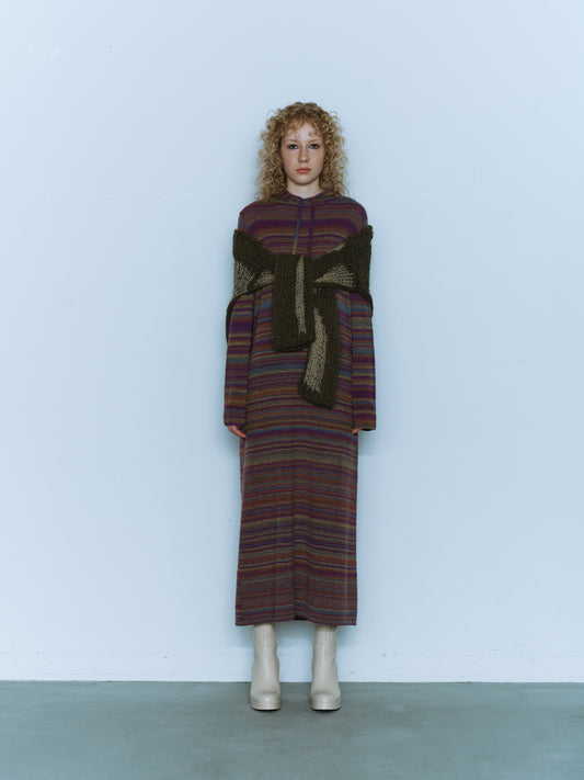 NATURAL BORDER HOODIE KNIT DRESS