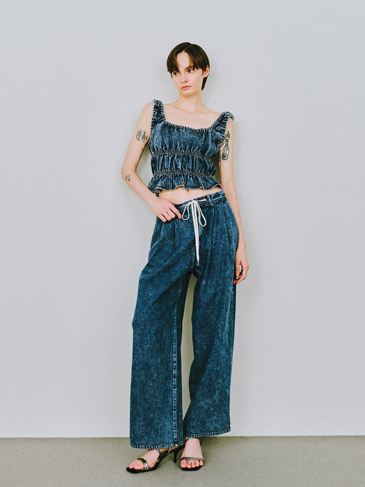 TIERED AGING LIKE DENIM TOPS