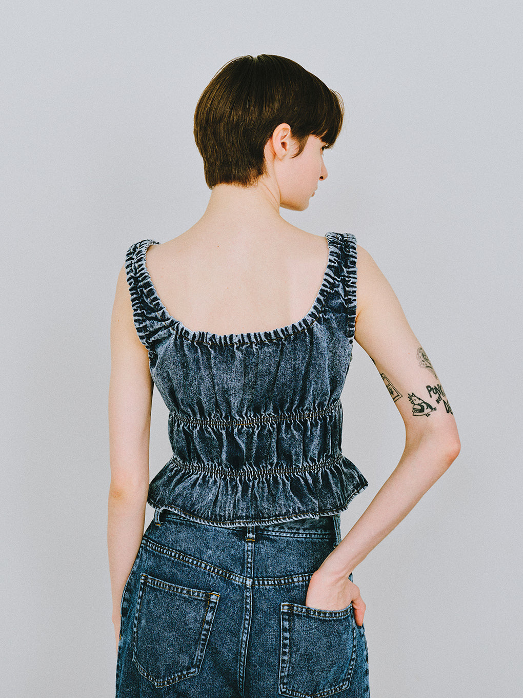 TIERED AGING LIKE DENIM TOPS