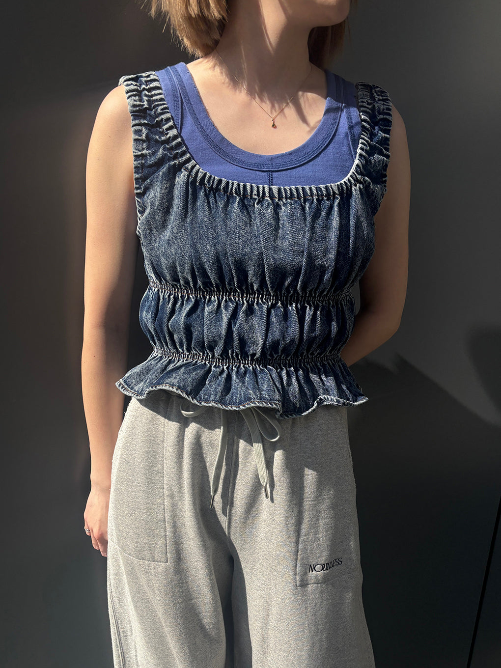 TIERED AGING LIKE DENIM TOPS